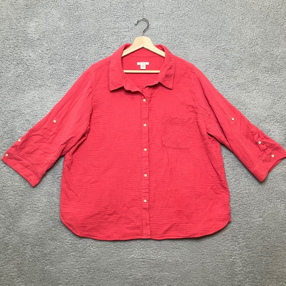 Westbound Button Up Shirt Woman 2X Coral Pink 100% Cotton Gauze Roll Tab Sleeve